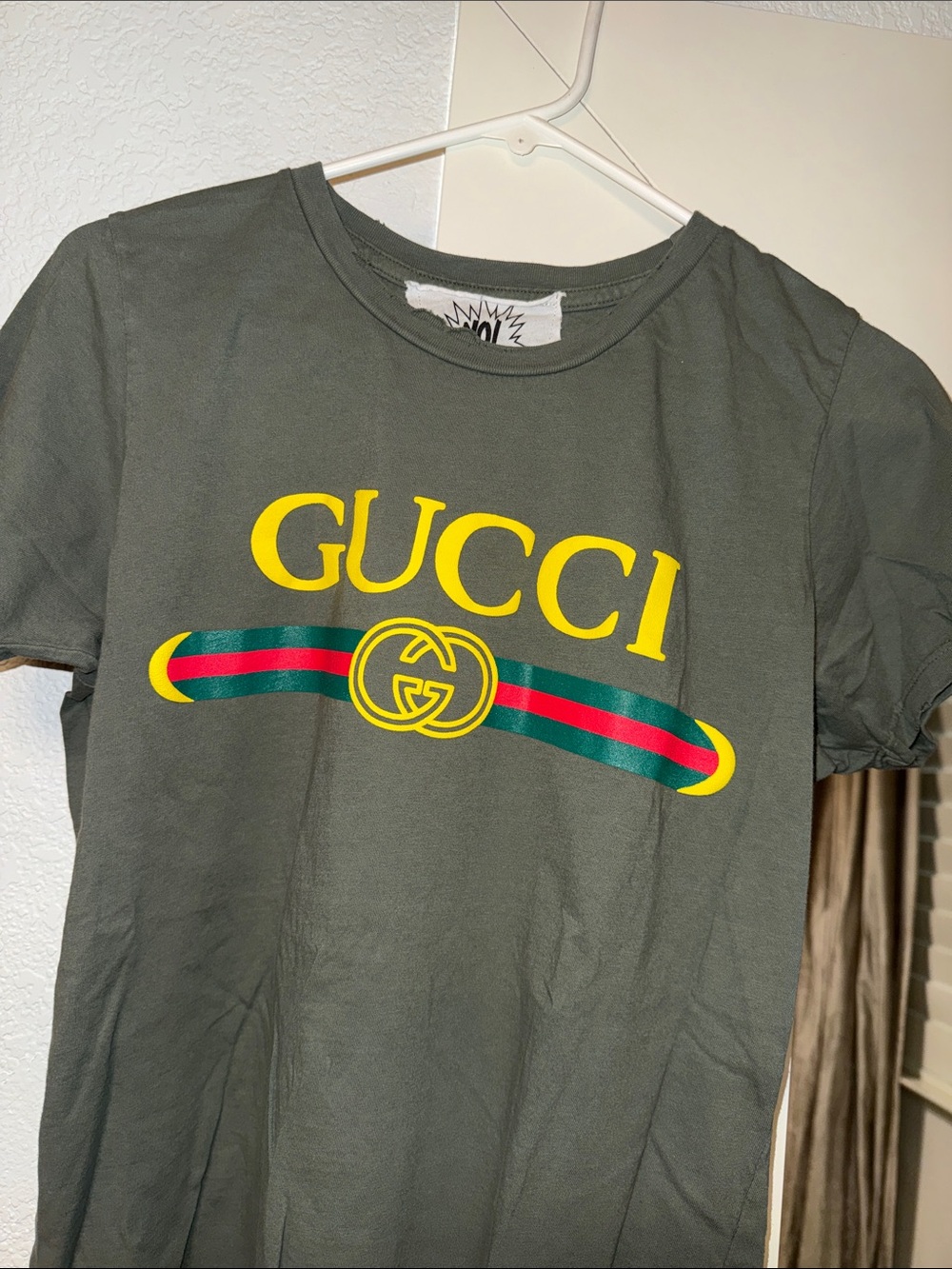 GG Olive Short Sleeve Logo Tee with Yellow & Red-Green Stripe - Picture 2 of 4